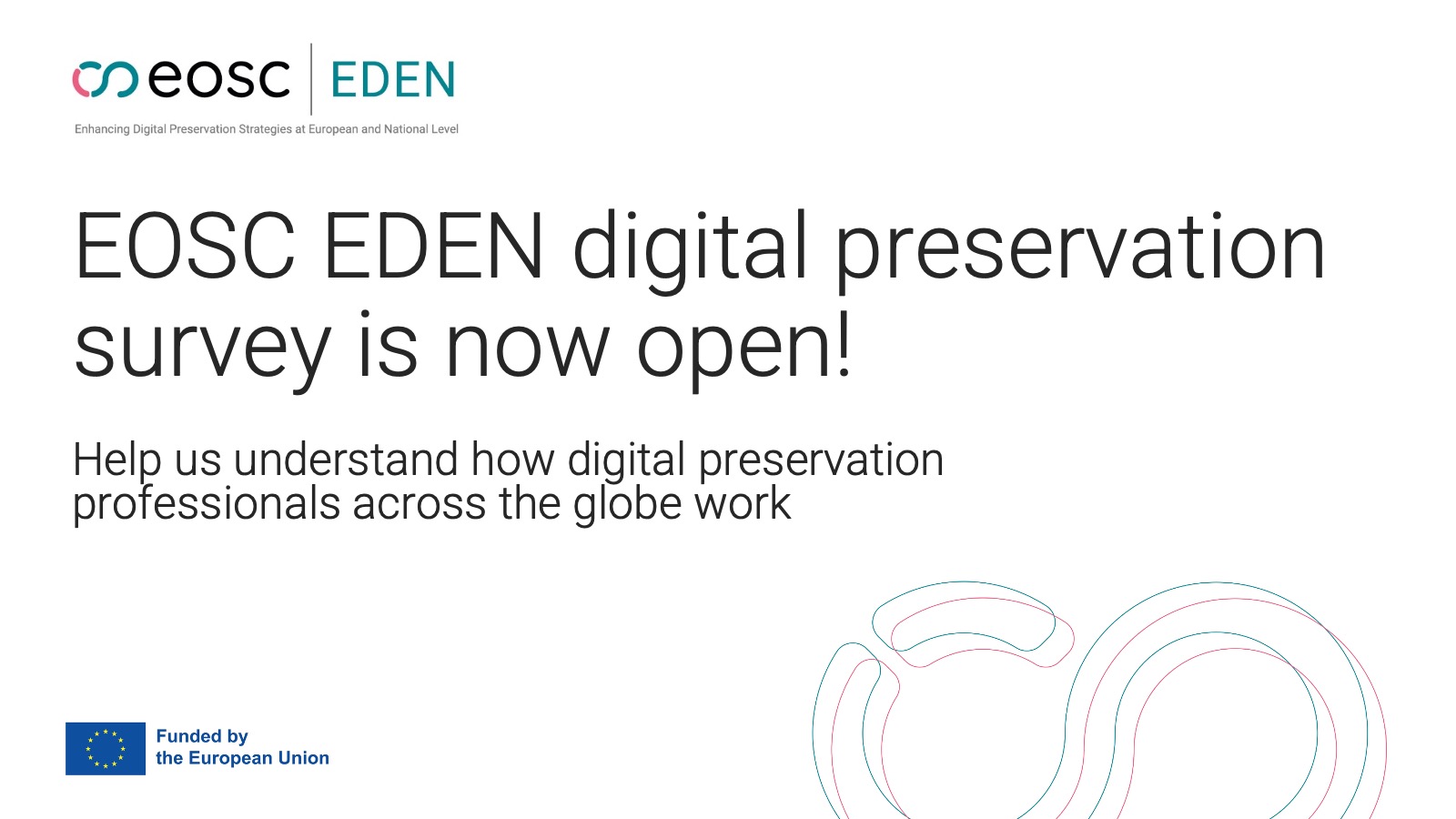 Cover photo with text "EOSC EDEN digital preservation survey is now open"